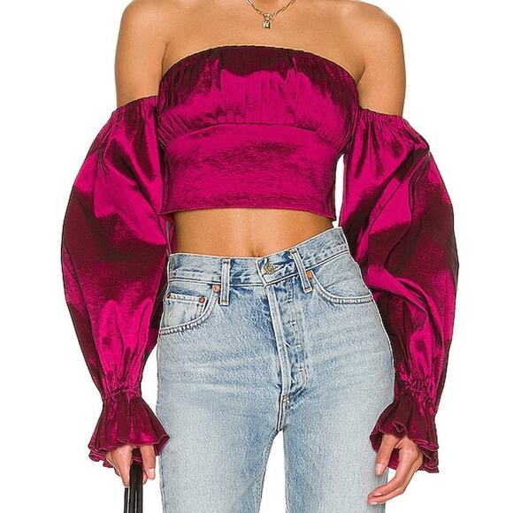 NWT Lovers + Friends Fraya Pleated Off-Shoulder Crop Top Raspberry Red Women's L - Picture 1 of 7